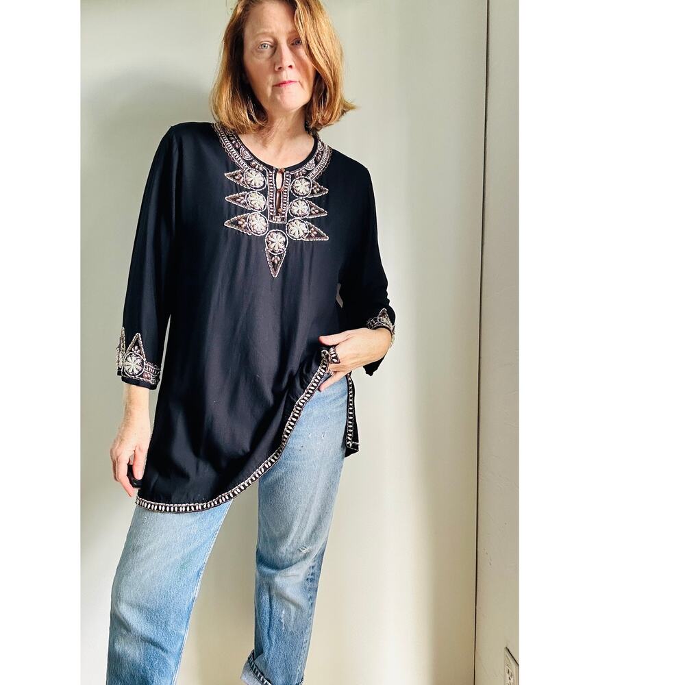 Vintage 90s Faith Resortwear Embellished Tunic Top Black Size Large Boho Vaca